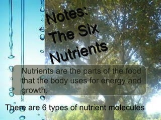 Notes:  The Six Nutrients Nutrients are the parts of the food that the body uses for energy and growth. There are 6 types of nutrient molecules 