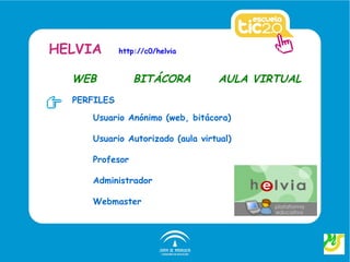 HELVIA       http://c0/helvia


  WEB            BITÁCORA         AULA VIRTUAL
  PERFILES

     Usuario Anónimo (web, bitácora)

     Usuario Autorizado (aula virtual)

     Profesor

     Administrador

     Webmaster
 