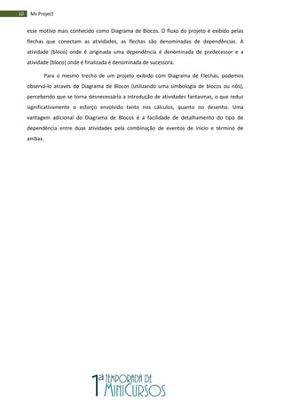 10 Ms Project
esse motivo mais conhecido como Diagrama de Blocos. O fluxo do projeto é exibido pelas
flechas que conectam as atividades, as flechas são denominadas de dependências. A
atividade (bloco) onde é originada uma dependência é denominada de predecessor e a
atividade (bloco) onde é finalizada é denominada de sucessora.
Para o mesmo trecho de um projeto exibido com Diagrama de Flechas, podemos
observá-lo através do Diagrama de Blocos (utilizando uma simbologia de blocos ou nós),
percebendo que se torna desnecessária a introdução de atividades fantasmas, o que reduz
significativamente o esforço envolvido tanto nos cálculos, quanto no desenho. Uma
vantagem adicional do Diagrama de Blocos é a facilidade de detalhamento do tipo de
dependência entre duas atividades pela combinação de eventos de início e término de
ambas.
 