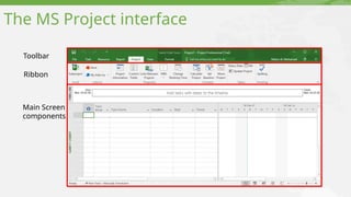The MS Project interface
Toolbar
Ribbon
Main Screen
components
 