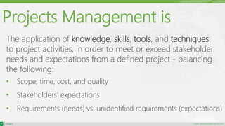 maher.almohamad@outlook.com
The application of knowledge, skills, tools, and techniques
to project activities, in order to meet or exceed stakeholder
needs and expectations from a defined project - balancing
the following:
• Scope, time, cost, and quality
• Stakeholders’ expectations
• Requirements (needs) vs. unidentified requirements (expectations)
Projects Management is
 