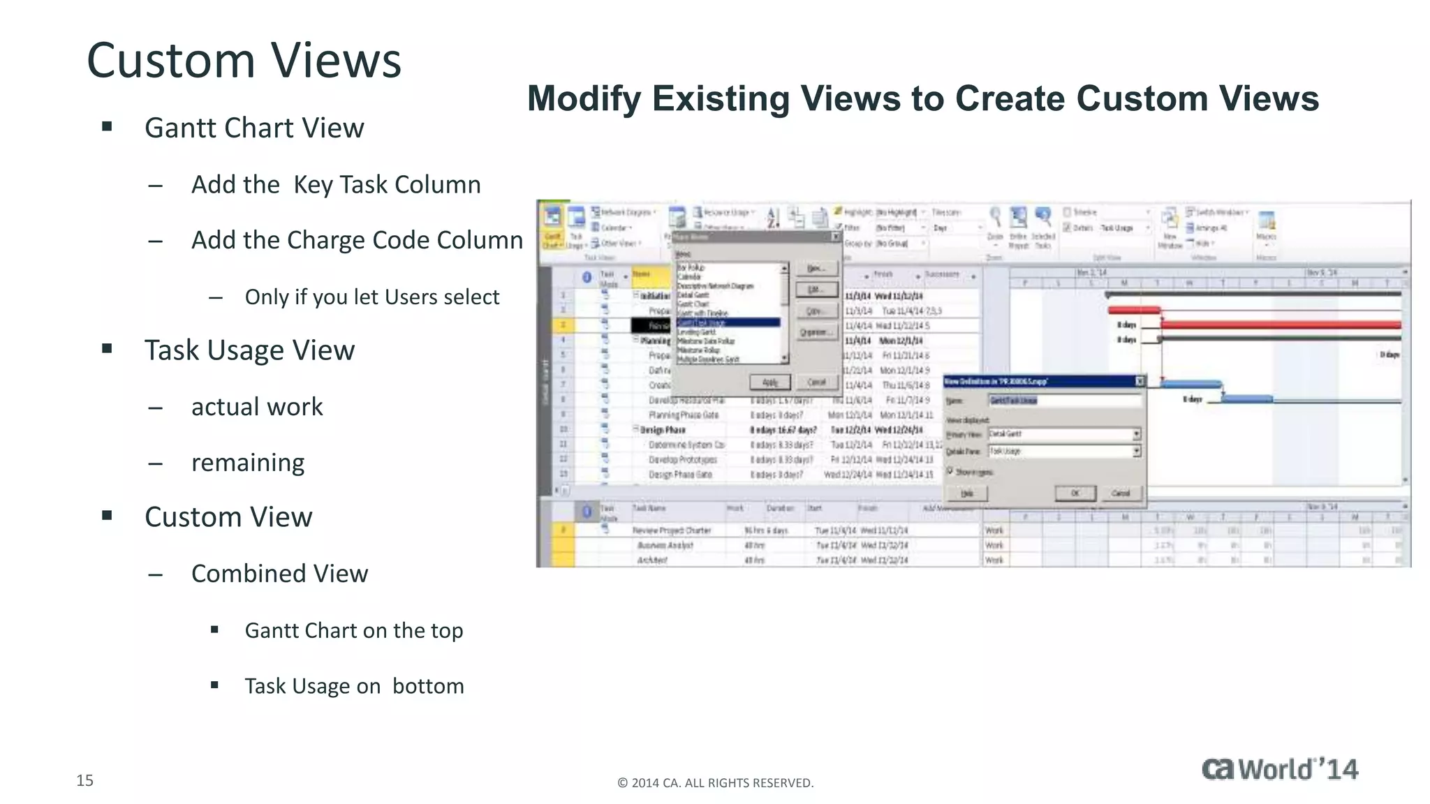 Custom Views 
 Gantt Chart View 
̶ Add the Key Task Column 
̶ Add the Charge Code Column 
– Only if you let Users select 
 Task Usage View 
̶ actual work 
̶ remaining 
 Custom View 
̶ Combined View 
 Gantt Chart on the top 
 Task Usage on bottom 
Modify Existing Views to Create Custom Views 
15 © 2014 CA. ALL RIGHTS RESERVED. 
 