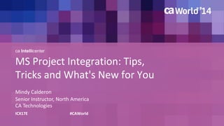 ca Intellicenter 
MS Project Integration: Tips, 
Tricks and What's New for You 
Mindy Calderon 
Senior Instructor, North America 
CA Technologies 
ICX17E #CAWorld 
 