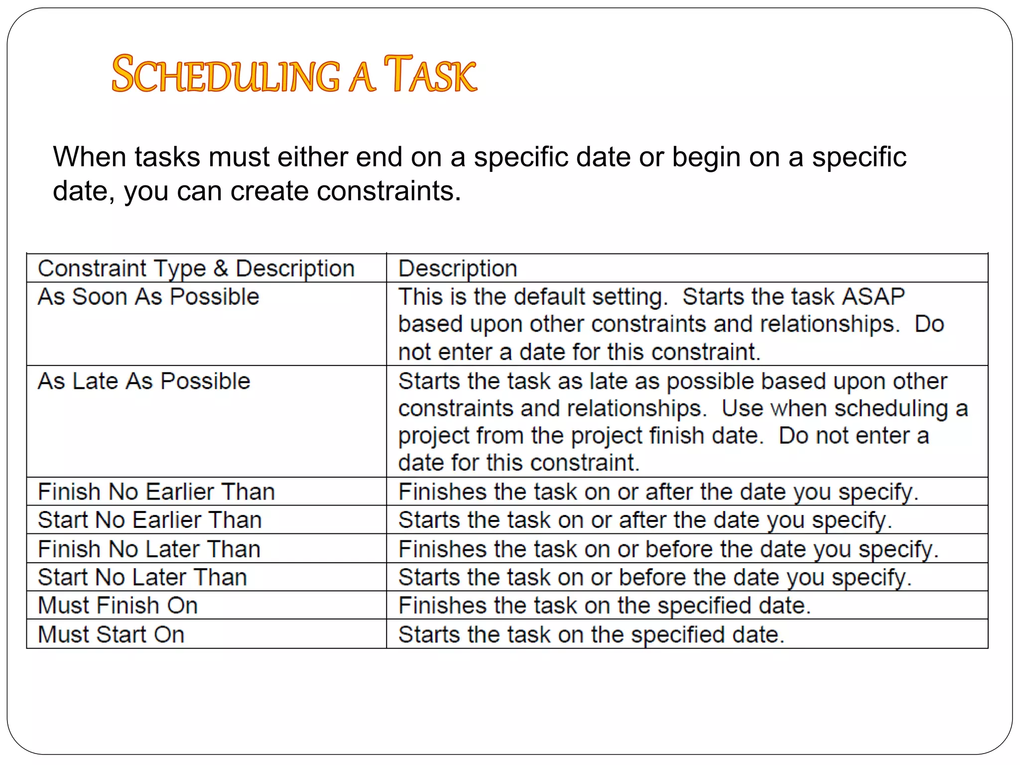When tasks must either end on a specific date or begin on a specific
date, you can create constraints.
 