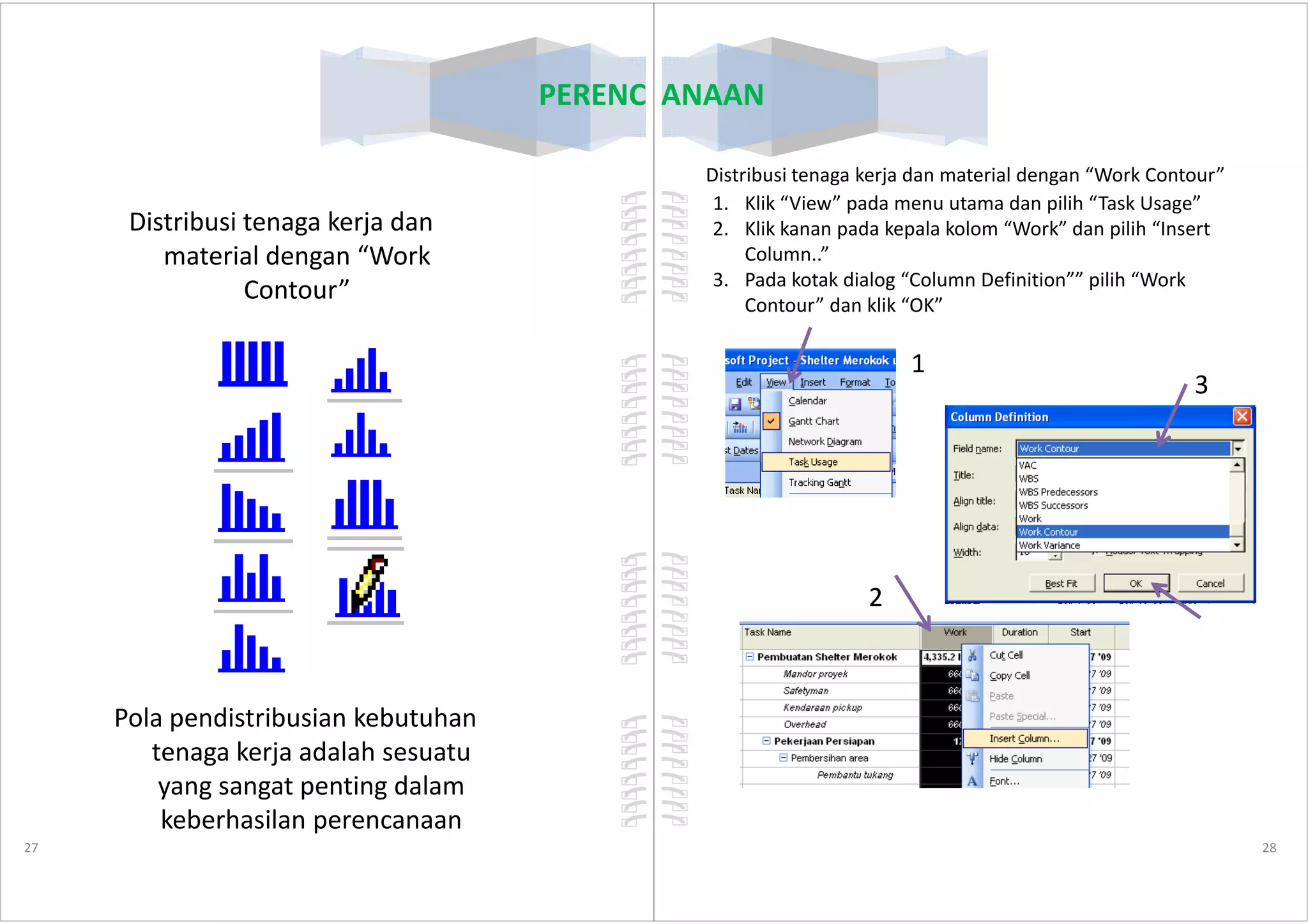 PERENCANAAN
Distribusi tenaga kerja dan
material dengan “Work
Contour”
27
Pola pendistribusian kebutuhan
tenaga kerja adalah sesuatu
yang sangat penting dalam
keberhasilan perencanaan
PERENCANAAN
Distribusi tenaga kerja dan material dengan “Work Contour”
1. Klik “View” pada menu utama dan pilih “Task Usage”
2. Klik kanan pada kepala kolom “Work” dan pilih “Insert
Column..”
3. Pada kotak dialog “Column Definition”” pilih “Work
Contour” dan klik “OK”
1
3
28
22
 