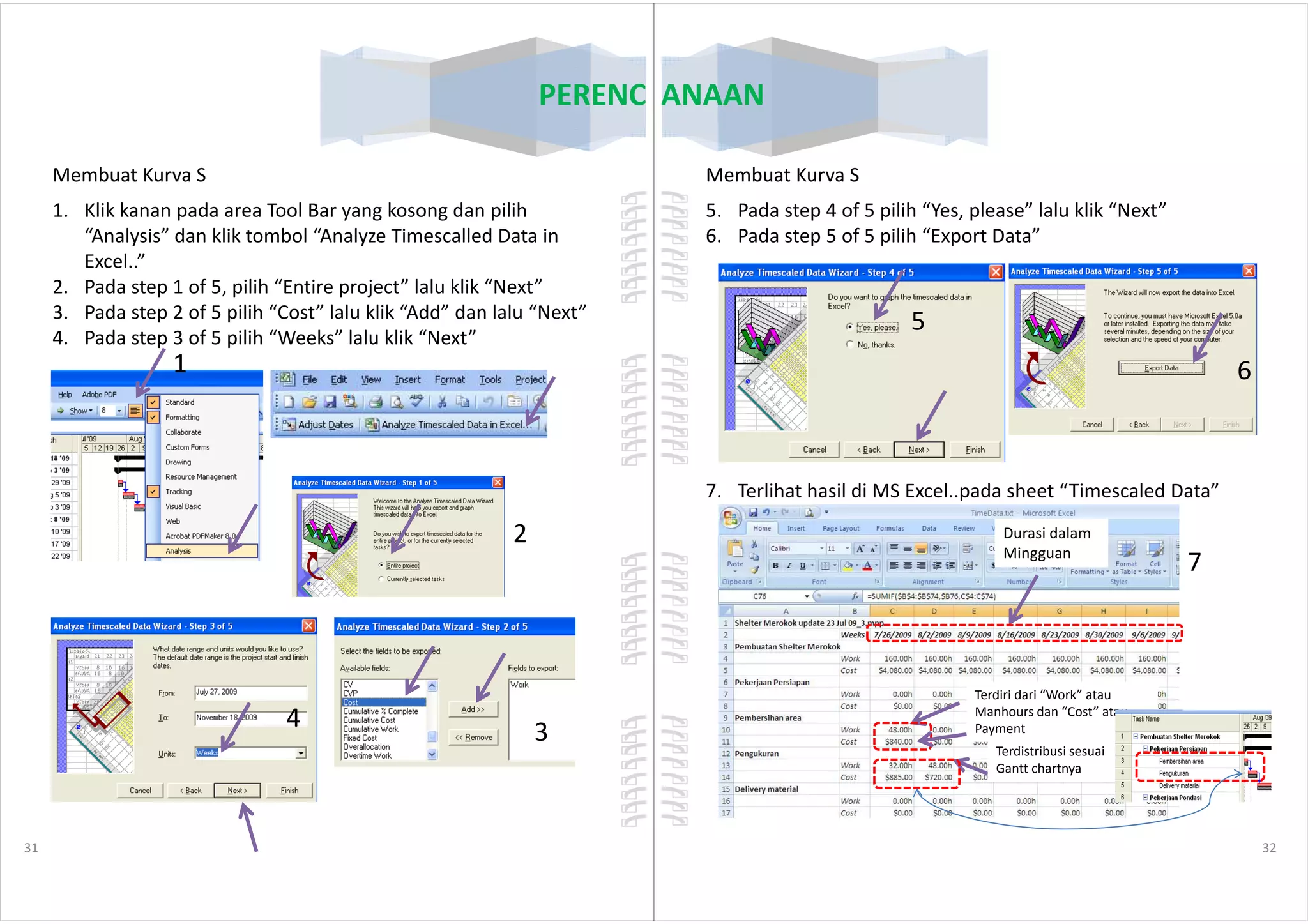 PERENCANAAN
Membuat Kurva S
1. Klik kanan pada area Tool Bar yang kosong dan pilih
“Analysis” dan klik tombol “Analyze Timescalled Data in
Excel..”
2. Pada step 1 of 5, pilih “Entire project” lalu klik “Next”
3. Pada step 2 of 5 pilih “Cost” lalu klik “Add” dan lalu “Next”
4. Pada step 3 of 5 pilih “Weeks” lalu klik “Next”
1
31
2
34
PERENCANAAN
Membuat Kurva S
5. Pada step 4 of 5 pilih “Yes, please” lalu klik “Next”
6. Pada step 5 of 5 pilih “Export Data”
5
6
32
7. Terlihat hasil di MS Excel..pada sheet “Timescaled Data”
7
Durasi dalam
Mingguan
Terdistribusi sesuai
Gantt chartnya
Terdiri dari “Work” atau
Manhours dan “Cost” atau
Payment
 