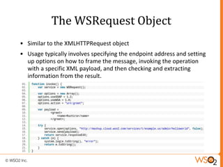 The WSRequest Object
• Similar to the XMLHTTPRequest object
• Usage typically involves specifying the endpoint address and...