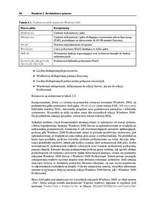56           Rozdział 2. Architektura systemu


Tabela 2.1. Podstawowe pliki systemowe Windows 2000

 Nazwa pliku                    Komponenty
 Ntoskrnl.exe                   Centrum wykonawcze i jądro
 Ntkrnlpa.exe                   Centrum wykonawcze i jądro obsługujące rozszerzenie adresu fizycznego
                                (PAE), pozwalające na adresowanie do 64 GB pamięci fizycznej
 Hal.dll                        Warstwa uniezale nienia od sprzętu
 Win32k.sys                     Część podsystemu Win32 działająca w trybie jądra
 Ntdll.dll                      Wewnętrzne funkcje wspomagające oraz systemowe łączniki do funkcji
                                wykonawczych
 Kernel32.dll, Advapi32.dll,    Podstawowe biblioteki podsystemu Win32
 User32.dll, Gdi32.dll

                 Liczbą obsługiwanych procesorów.
                 Wielkością obsługiwanej pamięci fizycznej.
                 Liczbą obsługiwanych jednocześnie połączeń sieciowych.
                 Warstwami usługowymi, dołączanymi do edycji Server, ale nie do edycji
                 Professional.

             Ró nice te są zestawione w tabeli 2.2.

             Komponentami, które nie ró nią się pomiędzy ró nymi wersjami Windows 2000, są
             podstawowe pliki systemowe: kod jądra, Ntoskrnl.exe (oraz wersja PAE, Ntkrnlpa.exe);
             biblioteki warstwy HAL, sterowniki urządzeń oraz podstawowe narzędzia i biblioteki
             systemowe. Wszystkie te pliki są takie same dla wszystkich edycji Windows 2000.
             Na przykład nie istnieją specjalne, serwerowe wersje warstwy HAL.

             Jednak e niektóre z tych komponentów działają ró nie, w zale ności od wersji systemu,
             z którą współpracują. Systemy Windows 2000 Server są optymalizowane ze względu na
             maksymalną przepustowość, konieczną w roli wysokowydajnych serwerów aplikacyjnych,
             podczas gdy Windows 2000 Professional, mimo i posiada mo liwości serwerowe, jest
             optymalizowany ze względu na czas reakcji przy pracy z u ytkownikiem. Na przykład na
             bazie typu produktu, podczas rozruchu systemu podejmowane są ró ne decyzje doty-
             czące przydziału zasobów, takich jak liczba i rozmiar stert systemowych (lub pul), liczba
             wewnętrznych, systemowych wątków roboczych oraz rozmiar systemowej podręcznej
             pamięci danych. Równie decyzje podejmowane podczas pracy systemu, jak sposób obsługi
             pochodzących od systemu i procesów ądań dotyczących pamięci, ró nią się pomiędzy
             edycjami Windows 2000 Server i Windows 2000 Professional. Nawet pewne szczegóły
             szeregowania wątków są ró ne między tymi dwiema rodzinami systemów. Jeśli istnieją
             znaczące ró nice w działaniu pomiędzy dwiema edycjami, są one wyszczególnione
             w odpowiednich rozdziałach tej ksią ki. O ile nie zaznaczymy inaczej, wszystkie informacje
             zawarte w tej ksią ce dotyczą zarówno edycji Windows 2000 Server, jak i Windows 2000
             Professional.

             Skoro kod jądra jest identyczny we wszystkich edycjach Windows 2000, to skąd system
             „wie”, która wersja została uruchomiona? Poprzez wartości zapisane w rejestrze pod
             nazwami 2TQFWEV6[RG i 2TQFWEV5WKVG, w kluczu HKLMSYSTEMCurrentControlSet
 