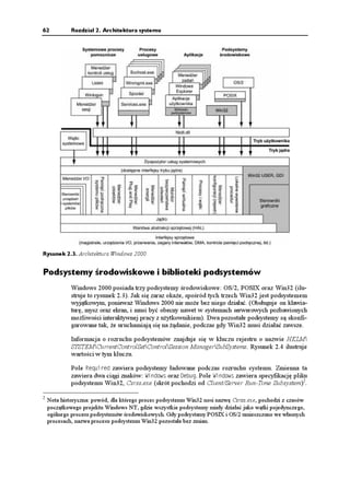 62           Rozdział 2. Architektura systemu




Rysunek 2.3. Architektura Windows 2000


Podsystemy środowiskowe i biblioteki podsystemów
             Windows 2000 posiada trzy podsystemy środowiskowe: OS/2, POSIX oraz Win32 (ilu-
             struje to rysunek 2.3). Jak się zaraz oka e, spośród tych trzech Win32 jest podsystemem
             wyjątkowym, poniewa Windows 2000 nie mo e bez niego działać. (Obsługuje on klawia-
             turę, mysz oraz ekran, i musi być obecny nawet w systemach serwerowych pozbawionych
             mo liwości interaktywnej pracy z u ytkownikiem). Dwa pozostałe podsystemy są skonfi-
             gurowane tak, e uruchamiają się na ądanie, podczas gdy Win32 musi działać zawsze.

             Informacja o rozruchu podsystemów znajduje się w kluczu rejestru o nazwie HKLM
             SYSTEMCurrentControlSetControlSession ManagerSubSystems. Rysunek 2.4 ilustruje
             wartości w tym kluczu.

             Pole 4GSWKTGF zawiera podsystemy ładowane podczas rozruchu systemu. Zmienna ta
             zawiera dwa ciągi znaków: 9KPFQYU oraz GDWI. Pole 9KPFQYU zawiera specyfikację pliku
             podsystemu Win32, Csrss.exe (skrót pochodzi od Client/Server Run-Time Subsystem)2.

2
    Nota historyczna: powód, dla którego proces podsystemu Win32 nosi nazwę Csrss.exe, pochodzi z czasów
    początkowego projektu Windows NT, gdzie wszystkie podsystemy miały działać jako wątki pojedynczego,
    ogólnego procesu podsystemów środowiskowych. Gdy podsystemy POSIX i OS/2 umieszczono we własnych
    procesach, nazwa procesu podsystemu Win32 pozostała bez zmian.
 