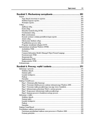 Spis treści                  11


Rozdział 5. Mechanizmy zarządzania .......................................... 201
   Rejestr ............................................................................................................................. 201
       Typy danych stosowane w rejestrze .............................................................................. 202
       Struktura logiczna rejestru............................................................................................ 203
       Wewnątrz rejestru ....................................................................................................... 207
   Usługi.............................................................................................................................. 219
       Aplikacje usług ........................................................................................................... 219
       Konta usługi ............................................................................................................... 224
       Mened er kontroli usług (SCM) ................................................................................... 227
       Uruchamianie usług..................................................................................................... 230
       Błędy uruchomienia..................................................................................................... 233
       Rozruch systemu i ostatnia prawidłowa kopia rejestru .................................................... 234
       Awarie usług............................................................................................................... 236
       Zakończenie działania usługi........................................................................................ 236
       Współdzielone procesy usług ....................................................................................... 237
       Programy zarządzania usługami (SCP).......................................................................... 240
   Instrumentacja zarządzania Windows (WMI) ...................................................................... 241
       Architektura WMI....................................................................................................... 242
       Dostawcy ................................................................................................................... 244
       Common Information Model i Managed Object Format Language ................................... 245
       Przestrzeń nazw WMI ................................................................................................. 247
       Skojarzenia klas .......................................................................................................... 248
       Implementacja WMI.................................................................................................... 249
       Bezpieczeństwo WMI.................................................................................................. 250
   Podsumowanie ................................................................................................................. 250

Rozdział 6. Procesy, wątki i zadania ............................................ 251
   Informacje o procesie........................................................................................................ 251
       Struktury danych......................................................................................................... 251
       Zmienne jądra............................................................................................................. 262
       Liczniki wydajności..................................................................................................... 264
       Funkcje ...................................................................................................................... 264
       Narzędzia ................................................................................................................... 265
   Funkcja CreateProcess ...................................................................................................... 272
       Etap 1. Otwieranie pliku binarnego ............................................................................... 274
       Etap 2. Tworzenie obiektu procesu centrum wykonawczego Windows 2000..................... 276
       Etap 3. Tworzenie wątku początkowego oraz jego stosu i kontekstu................................ 280
       Etap 4. Informowanie podsystemu Win32 o nowym procesie .......................................... 281
       Etap 5. Rozpoczęcie wykonywania wątku początkowego................................................ 282
       Etap 6. Inicjacja procesu w kontekście nowego procesu.................................................. 282
   Informacje o wątku........................................................................................................... 283
       Struktury danych......................................................................................................... 283
       Zmienne jądra............................................................................................................. 292
       Liczniki wydajności..................................................................................................... 292
       Funkcje ...................................................................................................................... 293
       Narzędzia ................................................................................................................... 293
   Funkcja CreateThread ....................................................................................................... 295
   Przydzielanie wątkom czasu procesora ............................................................................... 298
       Omówienie przydzielania wątkom czasu procesora w Windows 2000.............................. 299
       Poziomy priorytetu...................................................................................................... 302
 