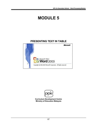 ICTL for Secondary School - Word Processing Module
67
MODULE 5
PRESENTING TEXT IN TABLE
Curriculum Development Centre
Ministry of Education Malaysia
 