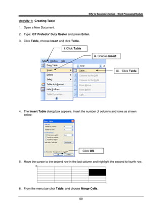 ICTL for Secondary School - Word Processing Module
69
Activity 1: Creating Table
1. Open a New Document.
2. Type: ICT Prefects’ Duty Roster and press Enter.
3. Click Table, choose Insert and click Table.
4. The Insert Table dialog box appears. Insert the number of columns and rows as shown
below:
5. Move the cursor to the second row in the last column and highlight the second to fourth row.
6. From the menu bar click Table, and choose Merge Cells.
i. Click Table
iii. Click Table
ii. Choose Insert
Click OK
 