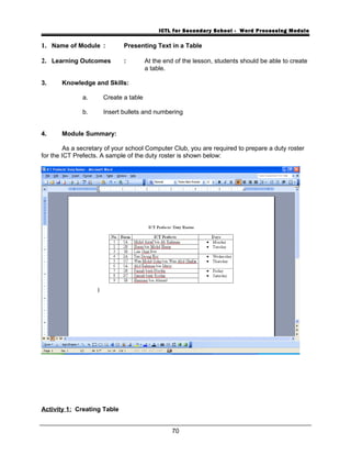 ICTL for Secondary School - Word Processing Module
1. Name of Module : Presenting Text in a Table
2. Learning Outcomes : At the end of the lesson, students should be able to create
a table.
3. Knowledge and Skills:
a. Create a table
b. Insert bullets and numbering
4. Module Summary:
As a secretary of your school Computer Club, you are required to prepare a duty roster
for the ICT Prefects. A sample of the duty roster is shown below:
Activity 1: Creating Table
70
 