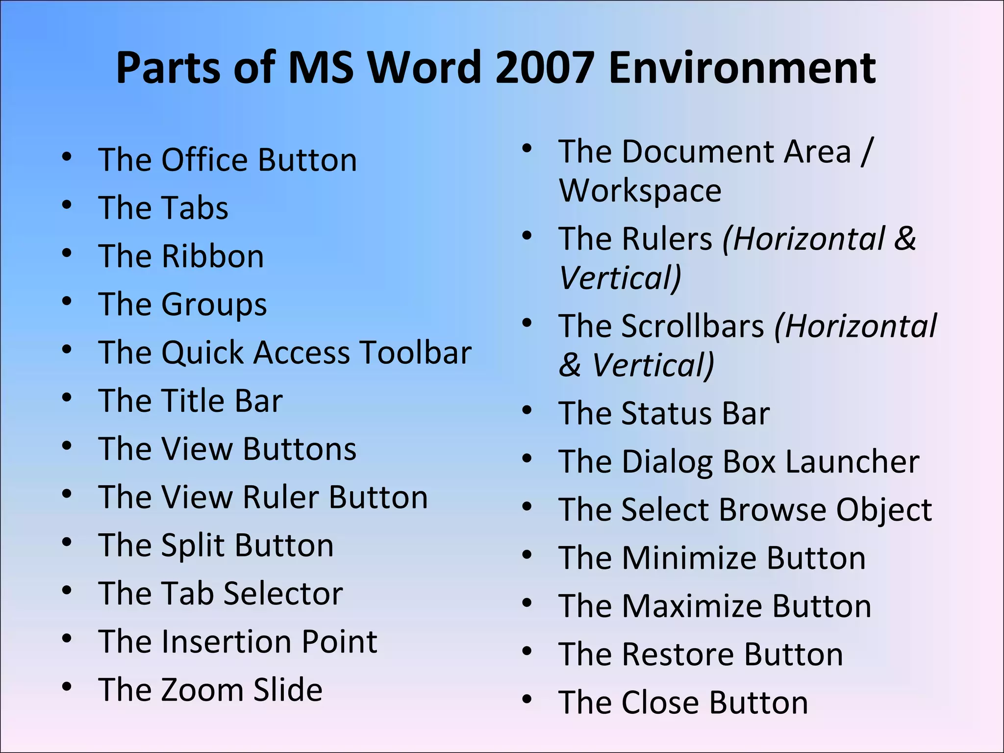 Parts of MS Word 2007 Environment
• The Office Button
• The Tabs
• The Ribbon
• The Groups
• The Quick Access Toolbar
• The Title Bar
• The View Buttons
• The View Ruler Button
• The Split Button
• The Tab Selector
• The Insertion Point
• The Zoom Slide
• The Document Area /
Workspace
• The Rulers (Horizontal &
Vertical)
• The Scrollbars (Horizontal
& Vertical)
• The Status Bar
• The Dialog Box Launcher
• The Select Browse Object
• The Minimize Button
• The Maximize Button
• The Restore Button
• The Close Button
 