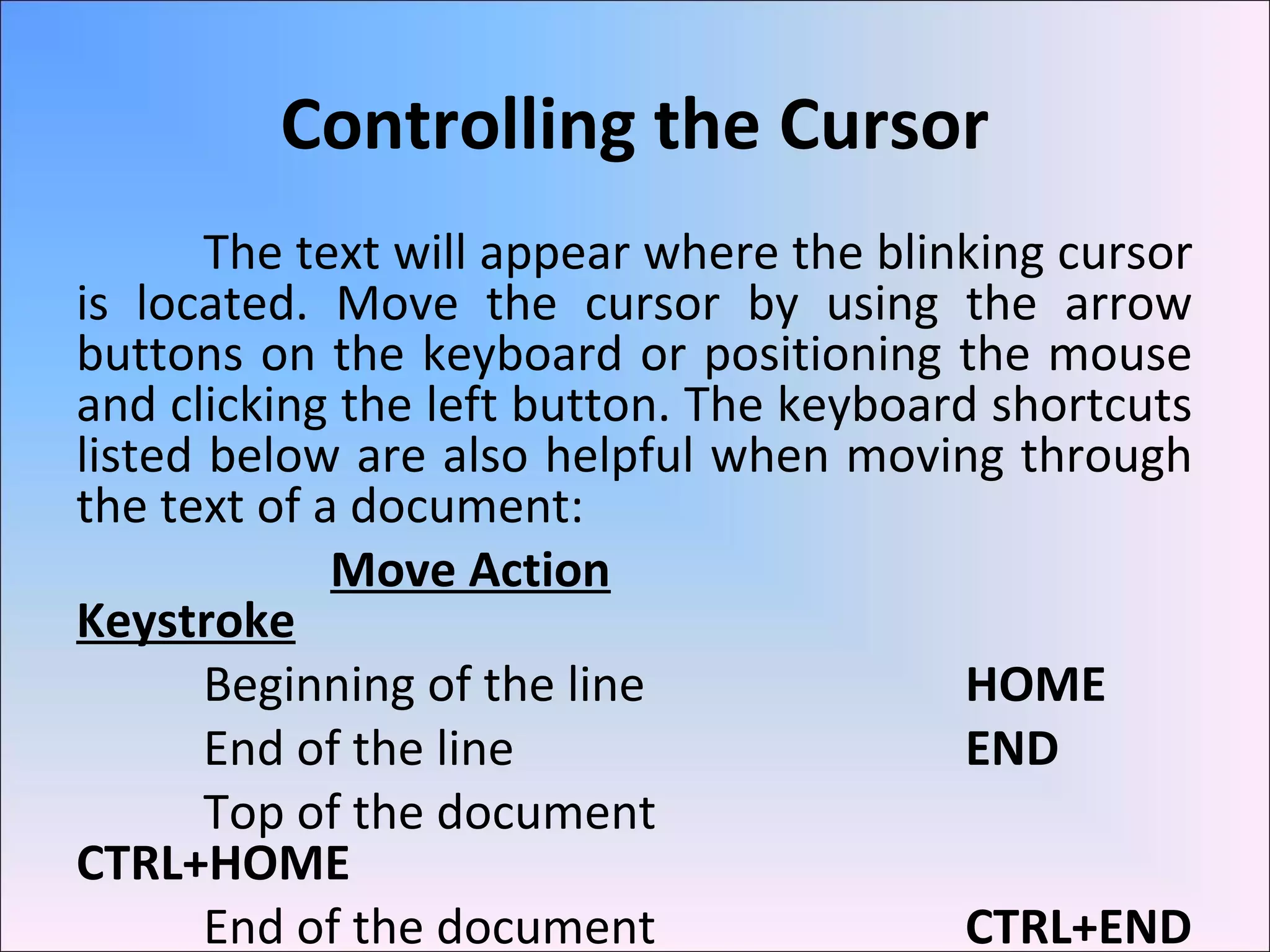 Controlling the Cursor
The text will appear where the blinking cursor
is located. Move the cursor by using the arrow
buttons on the keyboard or positioning the mouse
and clicking the left button. The keyboard shortcuts
listed below are also helpful when moving through
the text of a document:
Move Action
Keystroke
Beginning of the line HOME
End of the line END
Top of the document
CTRL+HOME
End of the document CTRL+END
 