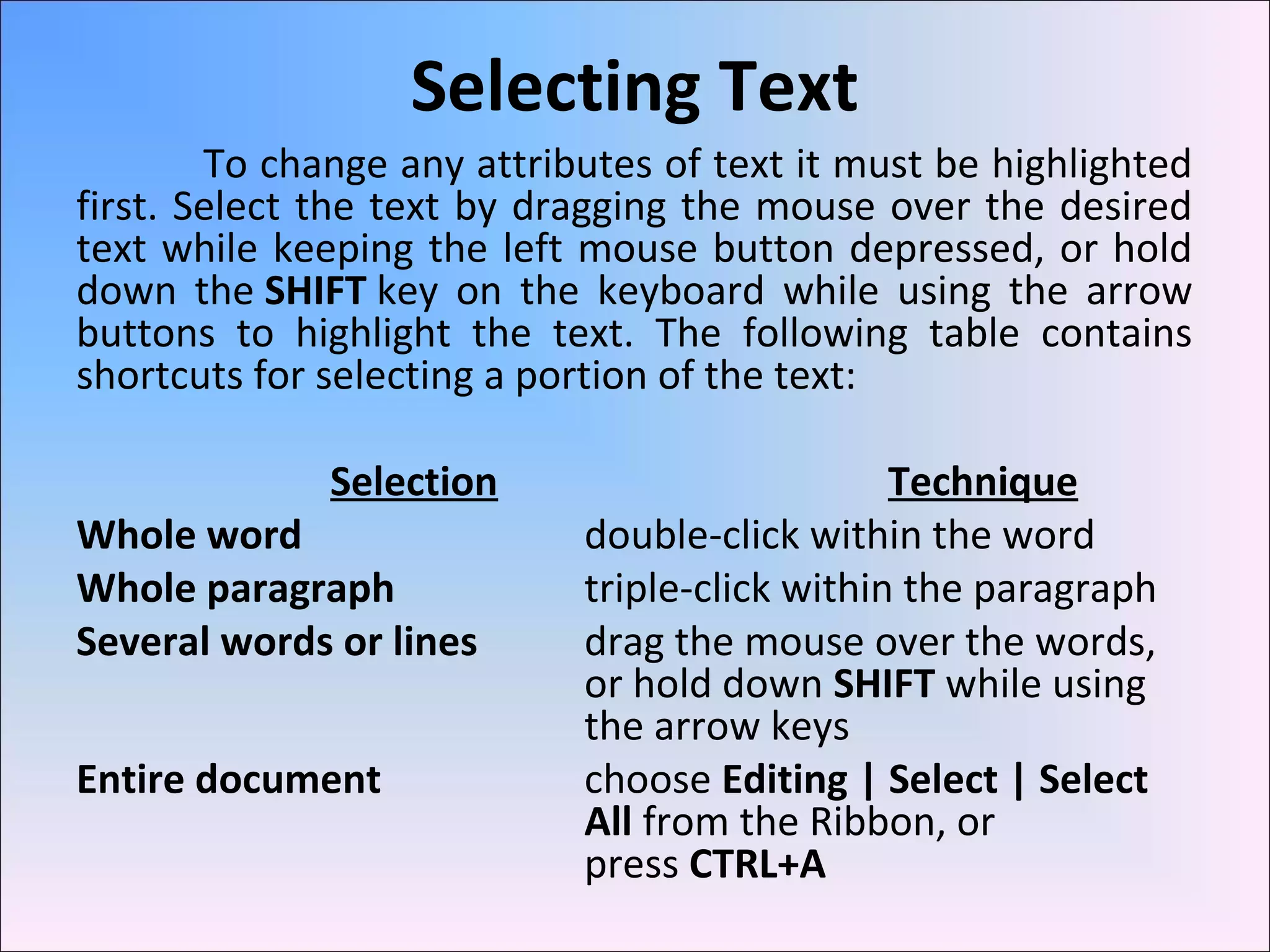 Selecting Text
To change any attributes of text it must be highlighted
first. Select the text by dragging the mouse over the desired
text while keeping the left mouse button depressed, or hold
down the SHIFT key on the keyboard while using the arrow
buttons to highlight the text. The following table contains
shortcuts for selecting a portion of the text:
Selection Technique
Whole word double-click within the word
Whole paragraph triple-click within the paragraph
Several words or lines drag the mouse over the words,
or hold down SHIFT while using
the arrow keys
Entire document choose Editing | Select | Select
All from the Ribbon, or
press CTRL+A
 