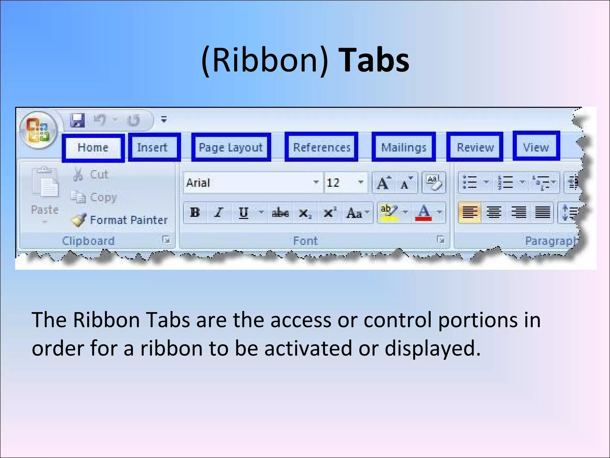 (Ribbon) Tabs
The Ribbon Tabs are the access or control portions in
order for a ribbon to be activated or displayed.
 