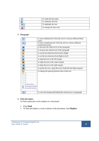 To make the font italic
                                       To underline the font
                                       To highlight the font
                                       To change the font color



       3. Paragraph

                                 to start a bulleted list; Click the arrow to choose different bullet
                                 styles
                                 to start a numbering list; Click the arrow to choose different
                                 numbering format
                                 to decrease the indent level of the paragraph
                                 to increase the indent level of the paragraph
                                 to set the text direction from Left-to-Right
                                 to set the text direction from Right-to-Left
                                 to align the text to the left margin
                                 to align the text to the center margin
                                 to align the text to the right margin
                                 to justify the text ( align the text to both left and right margins)
                                 to change the spacing between lines of the text




                                 to color the background behind the selected text or paragraph


       4. Find and replace
           To find a particular word or phrase in a document:

           •   Click Find
           •   To find and replace a word or phrase in the document, click Replace.




Technology for Teaching English Lab
Eng. Tahani Z. Fourah                                                                                   9
 