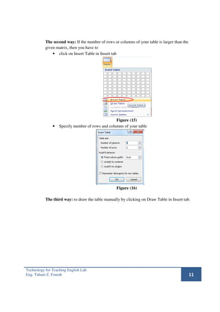 The second way: If the number of rows or columns of your table is larger than the
           given matrix, then you have to
               • click on Insert Table in Insert tab




                                                  Figure (15)
               •   Specify number of rows and columns of your table




                                                   Figure (16)

           The third way: to draw the table manually by clicking on Draw Table in Insert tab.




Technology for Teaching English Lab
Eng. Tahani Z. Fourah                                                                          11
 