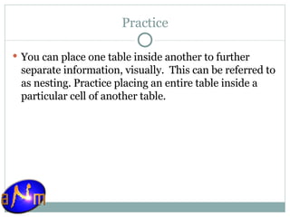 Practice You can place one table inside another to further separate information, visually.  This can be referred to as nesting. Practice placing an entire table inside a particular cell of another table. 