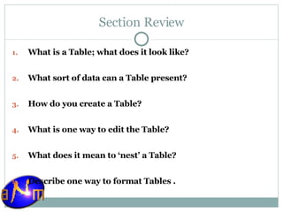Section Review What is a Table; what does it look like? What sort of data can a Table present? How do you create a Table? What is one way to edit the Table? What does it mean to ‘nest’ a Table? Describe one way to format Tables . 
