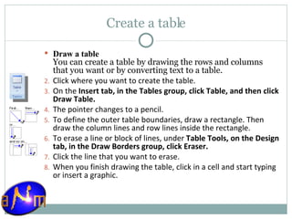 Create a table Draw a table You can create a table by drawing the rows and columns that you want or by converting text to a table. Click where you want to create the table.  On the  Insert tab, in the Tables group, click Table, and then click Draw Table.  The pointer changes to a pencil. To define the outer table boundaries, draw a rectangle. Then draw the column lines and row lines inside the rectangle.  To erase a line or block of lines, under  Table Tools, on the Design tab, in the Draw Borders group, click Eraser.  Click the line that you want to erase.  When you finish drawing the table, click in a cell and start typing or insert a graphic. 