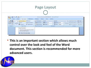Page Layout This is an important section which allows much control over the look and feel of the Word document. This section is recommended for more advanced users. 