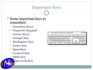 Important Keys Some important keys to remember: Function Keys Numeric Keypad Arrow Keys Escape Key Backspace Key Enter Key Spacebar Control Key Shift Key Caps Lock Key 