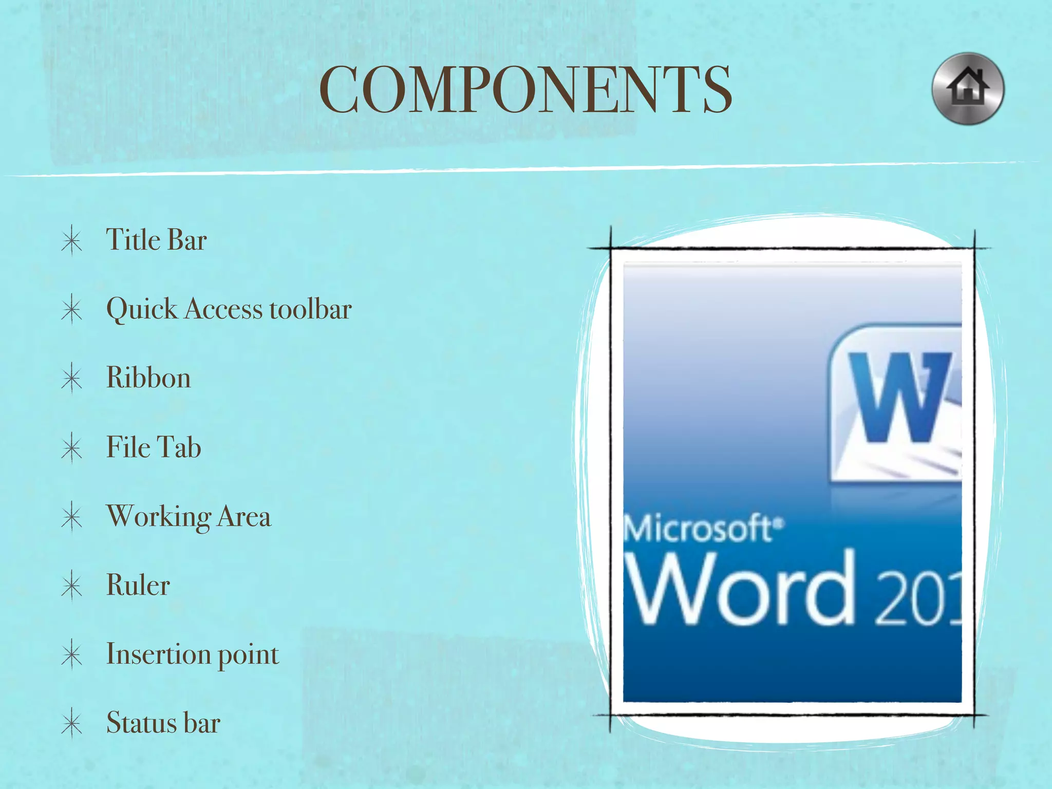 COMPONENTS
Title Bar
Quick Access toolbar
Ribbon
File Tab
Working Area
Ruler
Insertion point
Status bar