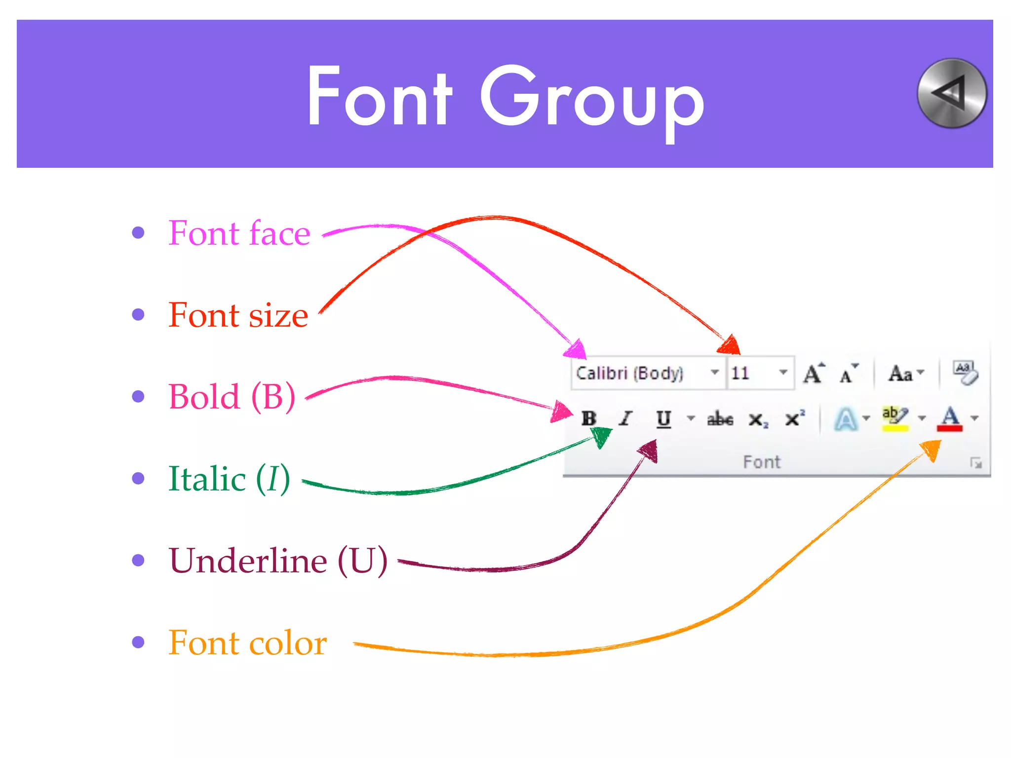 Font Group
• Font face
• Font size
• Bold (B)
• Italic (I)
• Underline (U)
• Font color
