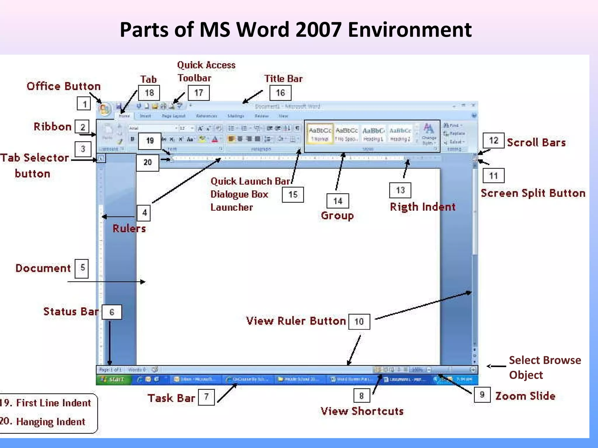 Parts of MS Word 2007 Environment
Select Browse
Object
 