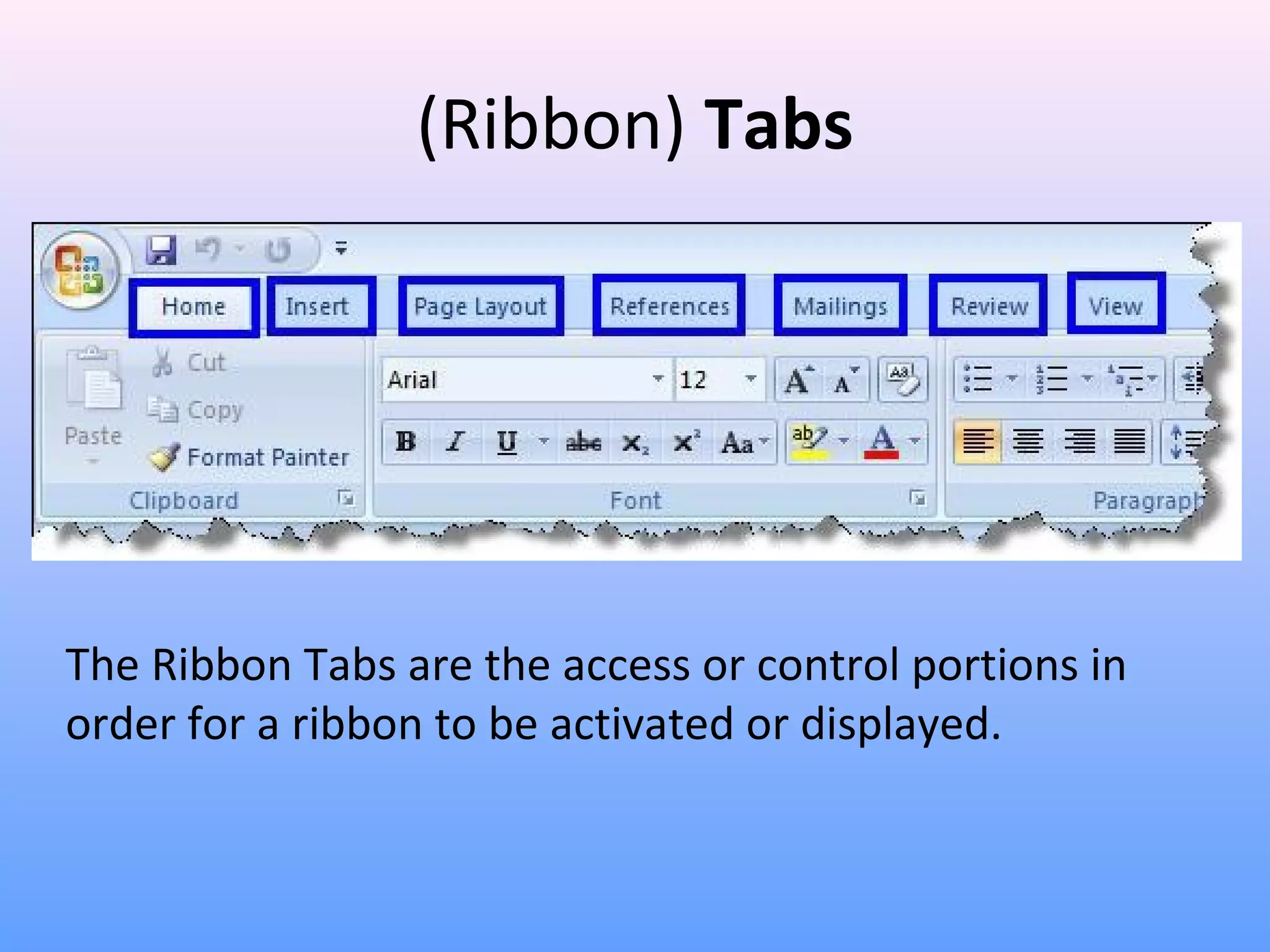 (Ribbon) Tabs
The Ribbon Tabs are the access or control portions in
order for a ribbon to be activated or displayed.
 