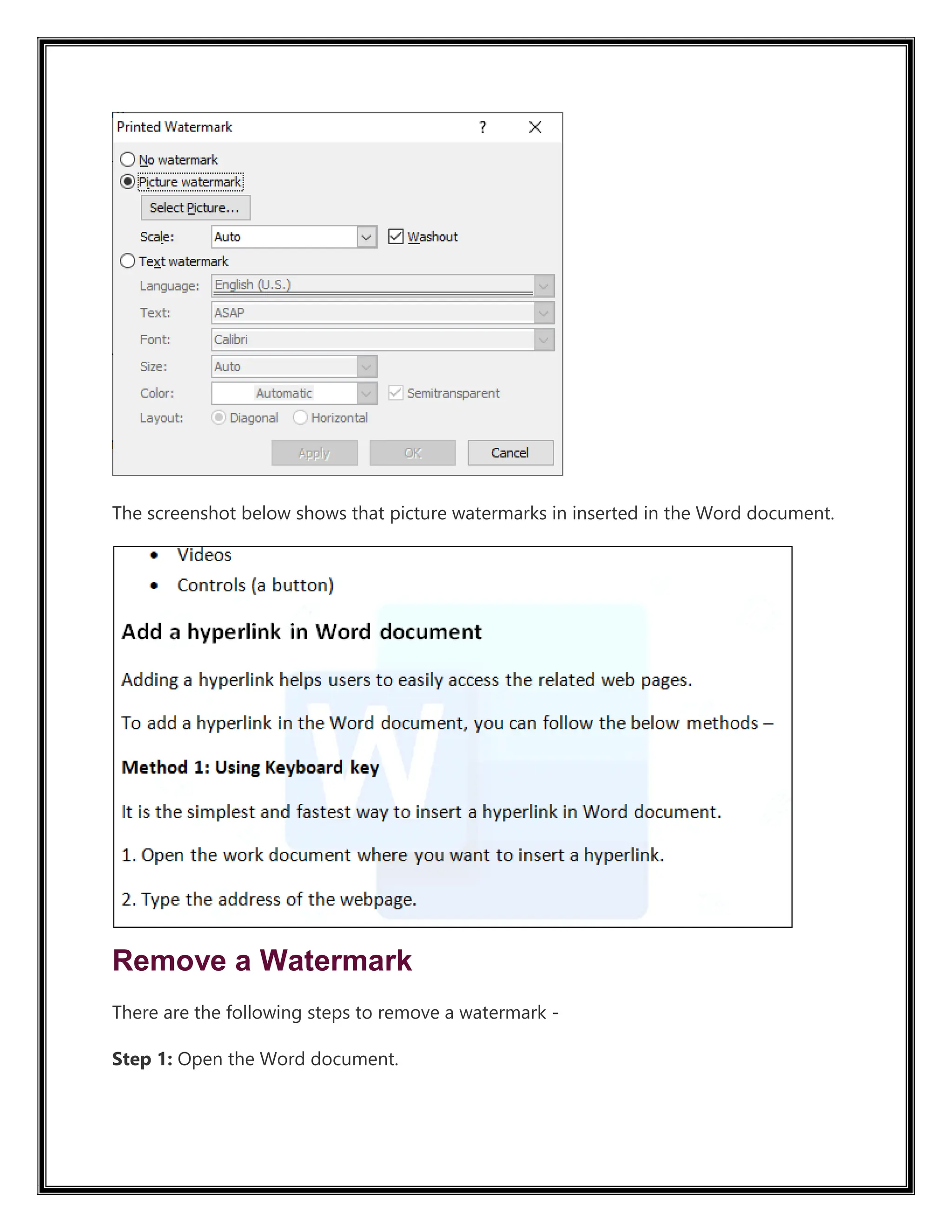 The screenshot below shows that picture watermarks in inserted in the Word document.
Remove a Watermark
There are the following steps to remove a watermark -
Step 1: Open the Word document.
 
