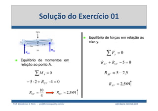 Prof.	
  Wanderson	
  S.	
  Paris	
  	
  	
  -­‐	
  	
  	
  prof@cronosquality.com.br	
   MECÂNICA	
  DOS	
  SÓLIDOS	
  
Solução	
  do	
  Exercício	
  01	
  
!"#$%&"'("')*+,-.-/"'0
! !"#$%&'($)* +,* -)-,./)0* ,-*
(,%123)*1)*4)./)*56
1$#2'03 4,"56'7!-6'8$/9')($2,("'7/,2:(2';6'<"(,/=$+>
7+-?:/-2'@A-:/-2
!"#
!$#
! " !!"
!"#$ "#$#% #$%
"
%!
"#$% $&#"#$%
! " !&'
!$ "%$ #$!$ %%
$&#$ %"!$%
$&#"!$%
! !"#$%&'($)*+,*7)(210*,-*(,%123)*1)*
,$8)*96
:;
:;
 