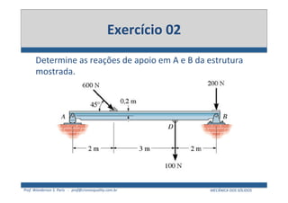 Prof.	
  Wanderson	
  S.	
  Paris	
  	
  	
  -­‐	
  	
  	
  prof@cronosquality.com.br	
   MECÂNICA	
  DOS	
  SÓLIDOS	
  
Exercício	
  02	
  
Determine	
  as	
  reações	
  de	
  apoio	
  em	
  A	
  e	
  B	
  da	
  estrutura	
  
mostrada.	
  
!"#$%&%'()*
! !"# $%&%# %# '()&*)*&%# +,()&%-%# .%# /01*&%# -')'&+0.'# %(# &'%23'(# .
%4,0,(#5#'#67
 