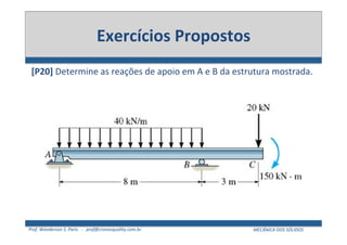 Prof.	
  Wanderson	
  S.	
  Paris	
  	
  	
  -­‐	
  	
  	
  prof@cronosquality.com.br	
   MECÂNICA	
  DOS	
  SÓLIDOS	
  
Exercícios	
  Propostos	
  
[P20]	
  Determine	
  as	
  reações	
  de	
  apoio	
  em	
  A	
  e	
  B	
  da	
  estrutura	
  mostrada.	
  
!"#$%&%'()*+$(,()-()
!"# $%&%# %# '()&*)*&%# +,()&%-%# .%# /01*&%# -')'&+0.'# %(# &'%23'(# .,(
%4,0,(#5#'#67
 