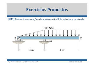 Prof.	
  Wanderson	
  S.	
  Paris	
  	
  	
  -­‐	
  	
  	
  prof@cronosquality.com.br	
   MECÂNICA	
  DOS	
  SÓLIDOS	
  
Exercícios	
  Propostos	
  
[P21]	
  Determine	
  as	
  reações	
  de	
  apoio	
  em	
  A	
  e	
  B	
  da	
  estrutura	
  mostrada.	
  
!"#$%&%'()*+$(,()-()
!"# $%&%# %# '()&*)*&%# +,()&%-%# .%# /01*&%# -')'&+0.'# %(# &'%23'(# .,(
%4,0,(#5#'#67
 