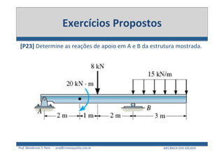 Prof.	
  Wanderson	
  S.	
  Paris	
  	
  	
  -­‐	
  	
  	
  prof@cronosquality.com.br	
   MECÂNICA	
  DOS	
  SÓLIDOS	
  
Exercícios	
  Propostos	
  
[P23]	
  Determine	
  as	
  reações	
  de	
  apoio	
  em	
  A	
  e	
  B	
  da	
  estrutura	
  mostrada.	
  
!"#$%&%'()*+$(,()-()
! !"# $%&%# %# '()&*)*&%# +,()&%-%# .%# /01*&%# -')'&+0.'# %(# &'%23'(# .,(#
%4,0,(#5#'#67
6#%?;'%1*@A%;'%1
 