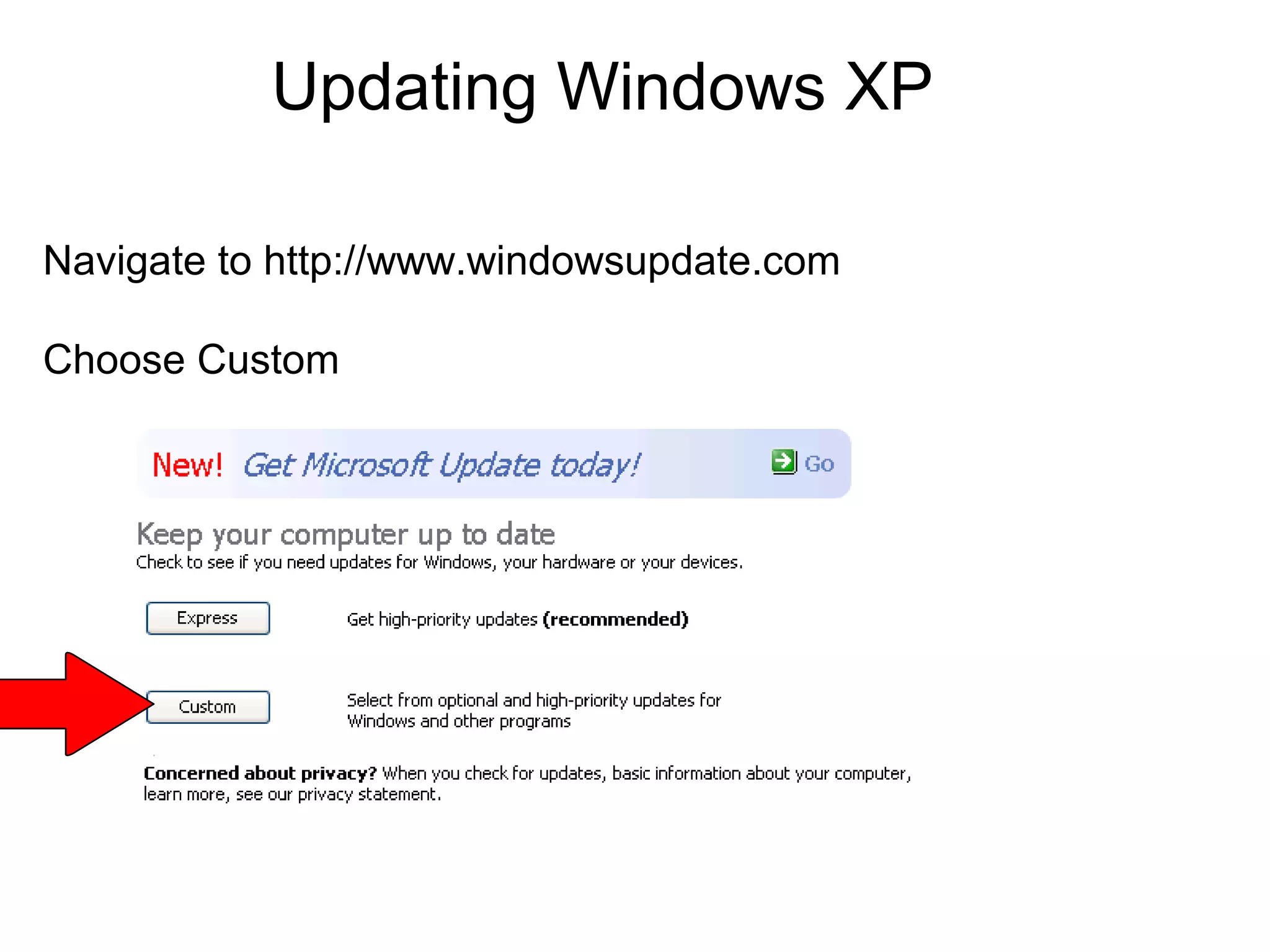 Updating Windows XP
Navigate to http://www.windowsupdate.com
Choose Custom

 