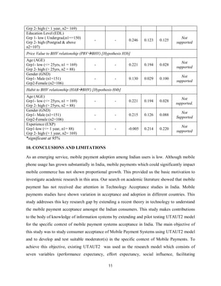 11
Grp 2- high (> 1 year, n2= 169)
Education Level (EDL)
Grp 1- low ( Undergrad,n1==150)
Grp 2- high (Postgrad & above
n2=107)
- - 0.246 0.123 0.125
Not
supported
Price Value to BHV relationship (PRVBHV) [Hypothesis H3b]
Age (AGE)
Grp1- low (<= 25yrs, n1 = 169)
Grp 2- high (> 25yrs, n2 = 88)
- - 0.221 0.194 0.028
Not
supported
Gender (GND)
Grp1- Male (n1=151)
Grp2-Female (n2=106)
- - 0.130 0.029 0.100
Not
supported
Habit to BHV relationship (HABBHV) [Hypothesis H4b]
Age (AGE)
Grp1- low (<= 25yrs, n1 = 169)
Grp 2- high (> 25yrs, n2 = 88)
- - 0.221 0.194 0.028
Not
supported.
Gender (GND)
Grp1- Male (n1=151)
Grp2-Female (n2=106)
- - 0.215 0.126 0.088
Not
Supported
Experience (EXP)
Grp1-low (<= 1 year, n1= 88)
Grp 2- high (> 1 year, n2= 169)
- - -0.005 0.214 0.220
Not
supported
*significant at 95%
10. CONCLUSIONS AND LIMITATIONS
As an emerging service, mobile payment adoption among Indian users is low. Although mobile
phone usage has grown substantially in India, mobile payments which could significantly impact
mobile commerce has not shown proportional growth. This provided us the basic motivation to
investigate academic research in this area. Our search on academic literature showed that mobile
payment has not received due attention in Technology Acceptance studies in India. Mobile
payments studies have shown variation in acceptance and adoption in different countries. This
study addresses this key research gap by extending a recent theory in technology to understand
the mobile payment acceptance amongst the Indian consumers. This study makes contributions
to the body of knowledge of information systems by extending and pilot testing UTAUT2 model
for the specific context of mobile payment systems acceptance in India. The main objective of
this study was to study consumer acceptance of Mobile Payment Systems using UTAUT2 model
and to develop and test suitable moderator(s) in the specific context of Mobile Payments. To
achieve this objective, existing UTAUT2 was used as the research model which consists of
seven variables (performance expectancy, effort expectancy, social influence, facilitating
 