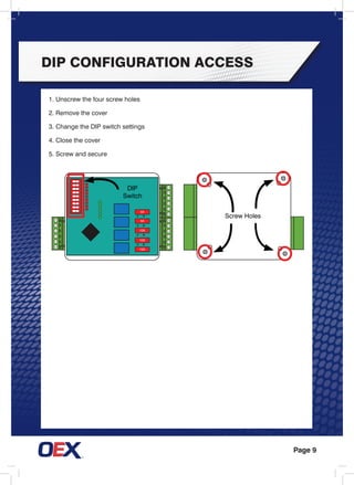 Page 9
DIP Configuration Access
5A
5A
10A
10A
15A
DIP
Switch
Screw Holes
1. Unscrew the four screw holes
2. Remove the cover
3. Change the DIP switch settings
4. Close the cover
5. Screw and secure
 