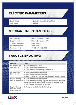 Page 19
Electric Parameters
mechanical Parameters
tROUBLE sHOOTING
Supply Voltage	 +12V to 24V Nominal (+28 Volt MAX )
Input Voltage	 9 - 24 VDC
Input Connector	 Phoenix Connector 1 x 6 Pin
Output Connector	 Phoenix Connector 2 x 6 Pin
Operating Temperature	 - 20˚C to 85˚C
Storage Temperature	 - 40˚C to 85˚C
Dimensions (mm)	 111.5(L) x 90.5(W) x 32(D)
Problem Check
No response from
Safe Guard 64
1. Check if the power is good
2. Check if the connections are good
3. Check if the DIP switch setting is correctly set
No output from
Safe Guard 64
1. Check if the connections are good
2. Check if the LED display is correct
3. Check if the fuse is broken (indicated by RED LED next to the relay)
Daytime Running
Light do not light up
1. Check if the connections are good
2. Check if the battery voltage is greater than the turn-on threshold
setting when the engine is running in case voltage setting is used
3. Check the DIP switch is set accordingly
Daytime Running
Light take a long
time to switch off
1. Change to use the Ignition Switch setting
 