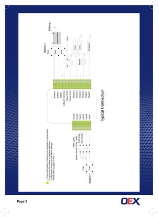 Page 2
!
HeadLights
IgnitionSwitch/ParkLights
Fuse
FuseBattery+
VehicleBattery
Battery+
Fuse
Fuse
Fuse
Horn
D.R.L.
D.R.L.Beacon
Accessory
Output3
Output3
Output2
Output2
Output1
Output1
Input6
Input5
Input4
Input3
Input2
Input1
TypicalConnection
Battery-
1.Ensurethepolarityofthedeviceconnectedtoinput/output
2.Inputscanbepositiveornegativeswitching
ConfigurationisdoneviaDIPswitchsettings.
Pleaserefertopages10and11.
ParkBrake
DoorSwitch
Battery+
Battery+
Battery-
Output4Common
Output4NC
Output4NO
 