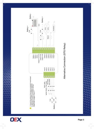 Page 3
!
HeadLights
IgnitionSwitch/ParkLights
Fuse
FuseBattery+
Battery+
Fuse
Horn
D.R.L.
D.R.L.Beacon
Accessory
AlternativeConnection(STGRelay)
Battery-1.Ensurethepolarityofthedeviceconnectedtoinput/output
2.Inputscanbepositiveornegativeswitching
ConfigurationisdoneviaDIPswitchsettings.
Pleaserefertopages10and11.
Battery+
ParkBrake
DoorSwitch
Fuse
Output3
Output3
Output2
Output2
Output1
Output1
Input6
Input5
Input4
Input3
Input2
Input1
Battery+
Battery+
Battery-
Output4Common
Output4NC
Output4NO
VehicleBattery
 