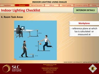 INDOOR LIGHTING USING DIALUX
  Importance   Checklist   Manual Calculation   DIALux   Indoor Lighting        Emergency Lig...