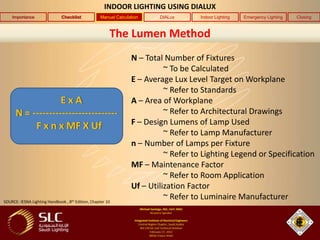 INDOOR LIGHTING USING DIALUX
    Importance                Checklist            Manual Calculation    DIALux      Indoor L...