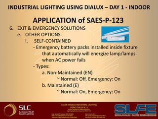 INDUSTRIAL LIGHTING USING DIALUX – DAY 1 - INDOOR
APPLICATION of SAES-P-123
6. EXIT & EMERGENCY SOLUTIONS
e. OTHER OPTIONS
i. SELF-CONTAINED
- Emergency battery packs installed inside fixture
that automatically will energize lamp/lamps
when AC power fails
- Types:
a. Non-Maintained (EN)
~ Normal: Off, Emergency: On
b. Maintained (E)
~ Normal: On, Emergency: On
 