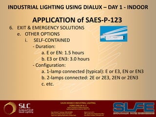 INDUSTRIAL LIGHTING USING DIALUX – DAY 1 - INDOOR
APPLICATION of SAES-P-123
6. EXIT & EMERGENCY SOLUTIONS
e. OTHER OPTIONS
i. SELF-CONTAINED
- Duration:
a. E or EN: 1.5 hours
b. E3 or EN3: 3.0 hours
- Configuration:
a. 1-lamp connected (typical): E or E3, EN or EN3
b. 2-lamps connected: 2E or 2E3, 2EN or 2EN3
c. etc.
 
