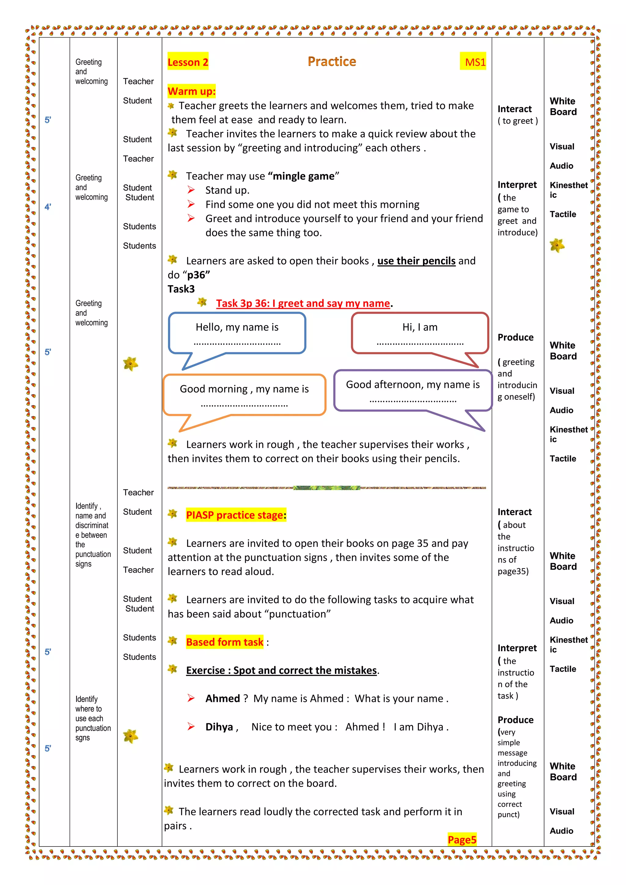 Greeting
and
welcoming
Greeting
and
welcoming
Greeting
and
welcoming
Identify ,
name and
discriminat
e between
the
punctuation
signs
Identify
where to
use each
punctuation
sgns
Teacher
Student
Student
Teacher
Student
Student
Students
Students
Teacher
Student
Student
Teacher
Student
Student
Students
Students
Lesson 2 MS1
Warm up:
Teacher greets the learners and welcomes them, tried to make
them feel at ease and ready to learn.
Teacher invites the learners to make a quick review about the
last session by “greeting and introducing” each others .
Teacher may use “mingle game”
 Stand up.
 Find some one you did not meet this morning
 Greet and introduce yourself to your friend and your friend
does the same thing too.
Learners are asked to open their books , use their pencils and
do “p36”
Task3
Task 3p 36: I greet and say my name.
Learners work in rough , the teacher supervises their works ,
then invites them to correct on their books using their pencils.
PIASP practice stage:
Learners are invited to open their books on page 35 and pay
attention at the punctuation signs , then invites some of the
learners to read aloud.
Learners are invited to do the following tasks to acquire what
has been said about “punctuation”
Based form task :
Exercise : Spot and correct the mistakes.
 Ahmed ? My name is Ahmed : What is your name .
 Dihya , Nice to meet you : Ahmed ! I am Dihya .
Learners work in rough , the teacher supervises their works, then
invites them to correct on the board.
The learners read loudly the corrected task and perform it in
pairs .
Page5
Interact
( to greet )
Interpret
( the
game to
greet and
introduce)
Produce
( greeting
and
introducin
g oneself)
Interact
( about
the
instructio
ns of
page35)
Interpret
( the
instructio
n of the
task )
Produce
(very
simple
message
introducing
and
greeting
using
correct
punct)
White
Board
Visual
Audio
Kinesthet
ic
Tactile
White
Board
Visual
Audio
Kinesthet
ic
Tactile
White
Board
Visual
Audio
Kinesthet
ic
Tactile
White
Board
Visual
Audio
Hello, my name is
……………………………
Hi, I am
……………………………
Good morning , my name is
……………………………
Good afternoon, my name is
……………………………
 