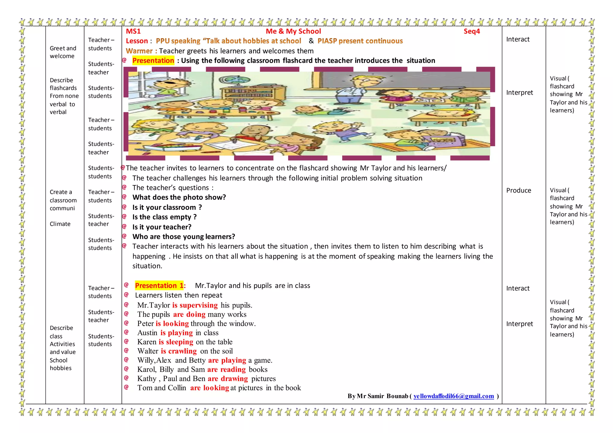 Greet and
welcome
Describe
flashcards
From none
verbal to
verbal
Create a
classroom
communi
Climate
Describe
class
Activities
and value
School
hobbies
Teacher –
students
Students-
teacher
Students-
students
Teacher –
students
Students-
teacher
Students-
students
Teacher –
students
Students-
teacher
Students-
students
Teacher –
students
Students-
teacher
Students-
students
MS1 Me & My School Seq4
Lesson : &
Teacher greets his learners and welcomes them
Presentation : Using the following classroom flashcard the teacher introduces the situation
The teacher invites to learners to concentrate on the flashcard showing Mr Taylor and his learners/
The teacher challenges his learners through the following initial problem solving situation
The teacher’s questions :
What does the photo show?
Is it your classroom ?
Is the class empty ?
Is it your teacher?
Who are those young learners?
Teacher interacts with his learners about the situation , then invites them to listen to him describing what is
happening . He insists on that all what is happening is at the moment of speaking making the learners living the
situation.
Presentation 1: Mr.Taylor and his pupils are in class
Learners listen then repeat
Mr.Taylor is supervising his pupils.
The pupils are doing many works
Peter is looking through the window.
Austin is playing in class
Karen is sleeping on the table
Walter is crawling on the soil
Willy,Alex and Betty are playing a game.
Karol, Billy and Sam are reading books
Kathy , Paul and Ben are drawing pictures
Tom and Collin are looking at pictures in the book
By Mr Samir Bounab ( yellowdaffodil66@gmail.com )
Interact
Interpret
Produce
Interact
Interpret
Visual (
flashcard
showing Mr
Taylor and his
learners)
Visual (
flashcard
showing Mr
Taylor and his
learners)
Visual (
flashcard
showing Mr
Taylor and his
learners)
 